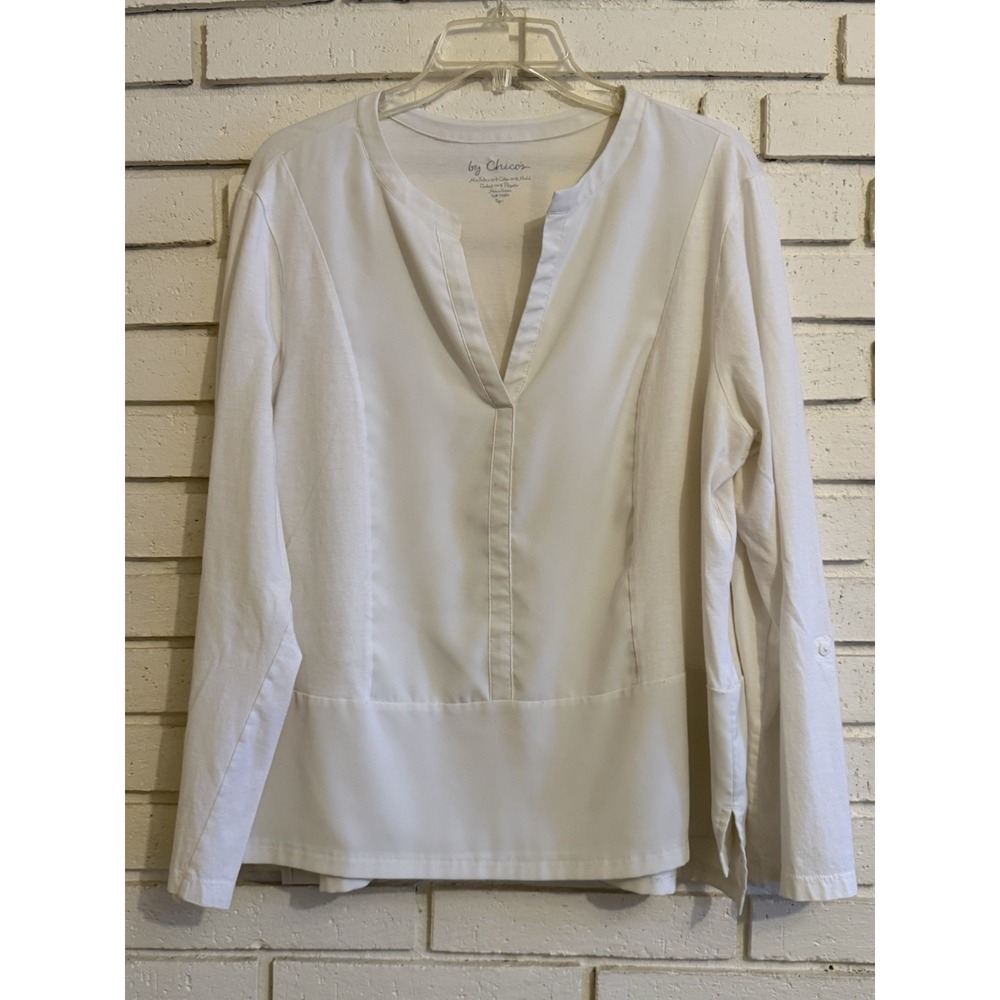 Chico's 3 Women's White Long Roll Tab Sleeve Top Blouse Size Xl